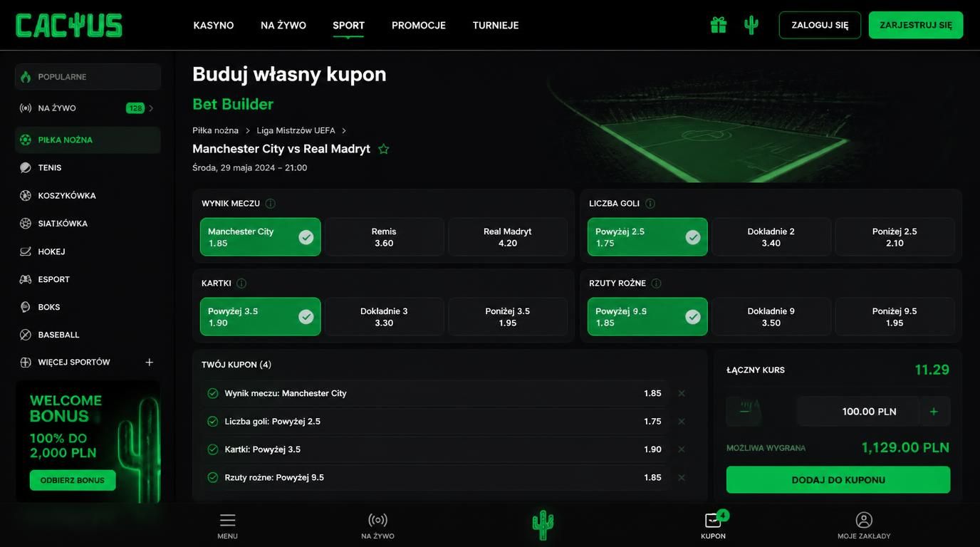 Widok ekranu z Bet Builder – tworzenie kuponu z różnych rynków