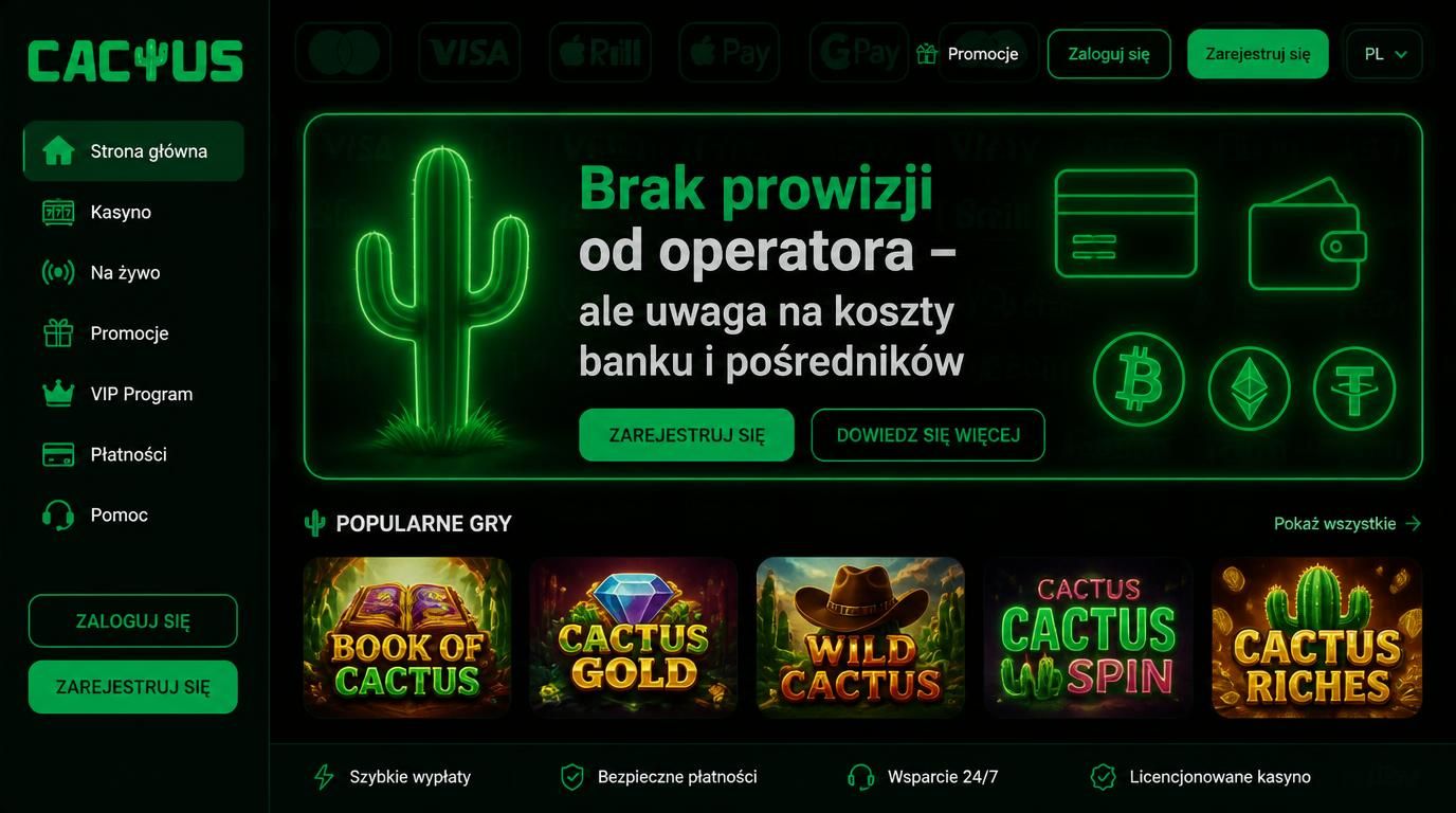 Interfejs kasyna z ikonami metod płatności i polskim tekstem ostrzegawczym.