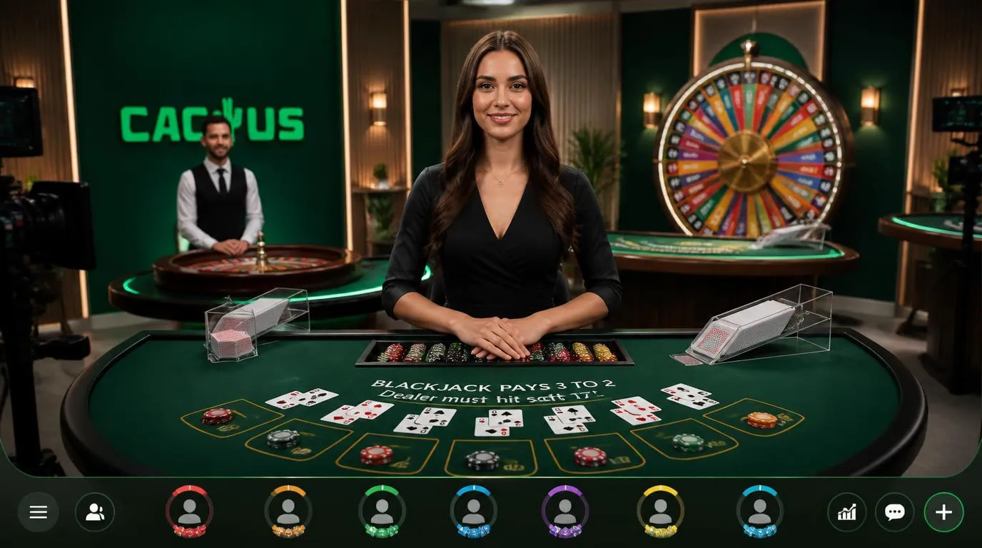 Krupier przy stole do blackjacka w studiu na żywo, obok ekran z ruletką i kołem teleturnieju