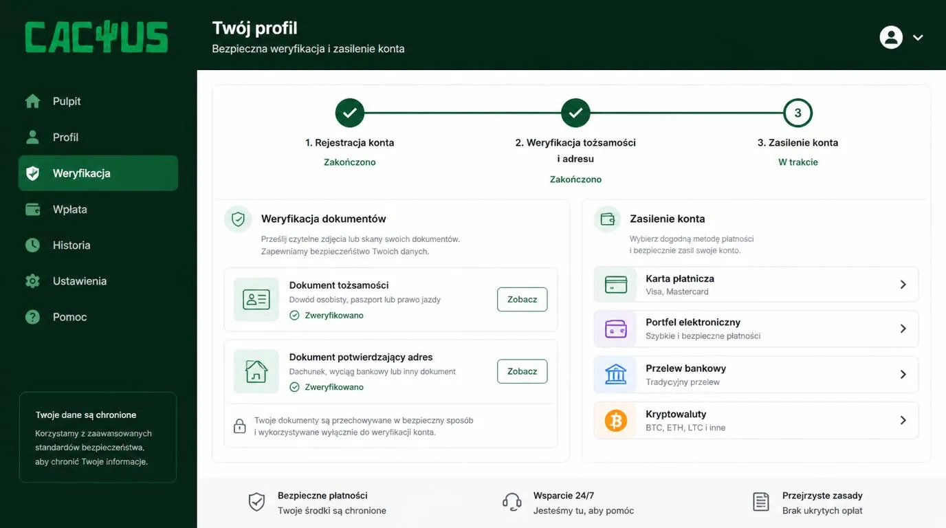 Panel konta z etapami rejestracji, weryfikacji dokumentów i wyboru metody wpłaty